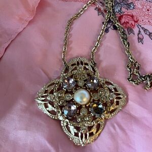 Gold plated Pendant w/amethyst&rhinestones pendant Necklace vintage pre 1950’s.